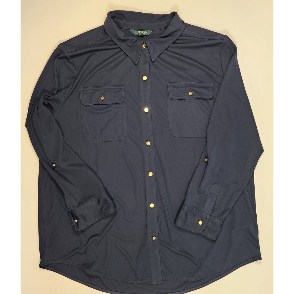 Lauren Ralph Lauren Navy Button Front Shirt Gold Buttons 3X Stretch - Picture 3 of 14